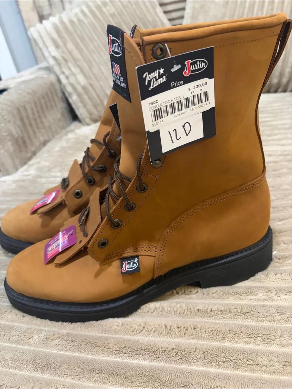 JUSTIN BOOTS men’s work boot 8’’ lace up 12 D nwt
